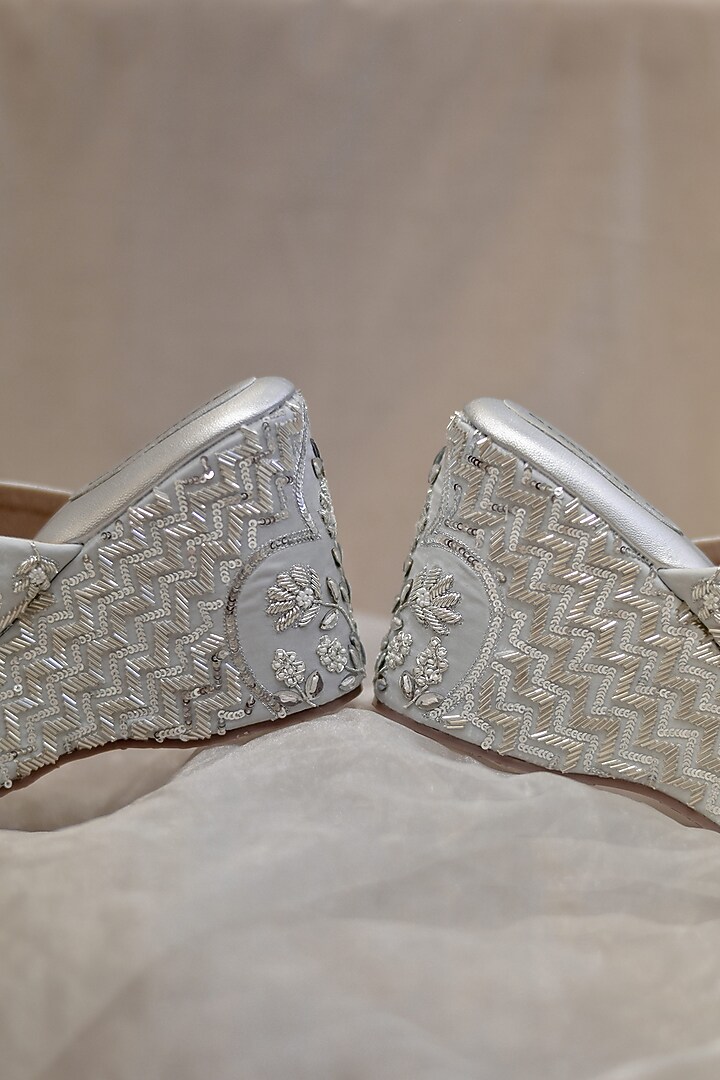 Silver Poly Silk Sequins Embroidered Wedges by Around Always at Pernia's Pop Up Shop