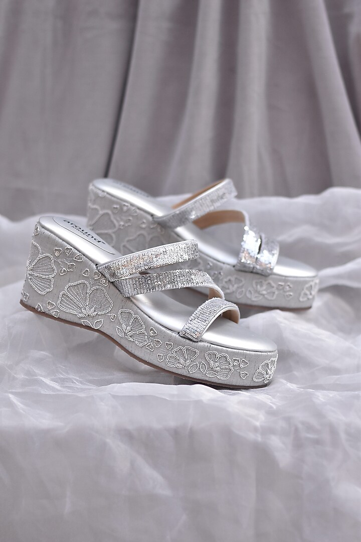 Silver Poly Silk Floral Motifs Embroidered Wedges by Around Always at Pernia's Pop Up Shop