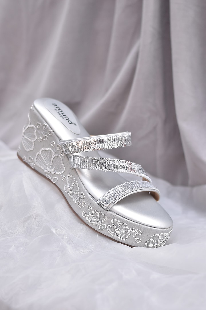 Silver Poly Silk Floral Motifs Embroidered Wedges by Around Always at Pernia's Pop Up Shop