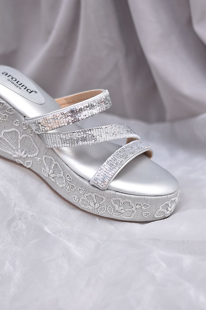 Silver Poly Silk Floral Motifs Embroidered Wedges by Around Always at Pernia's Pop Up Shop