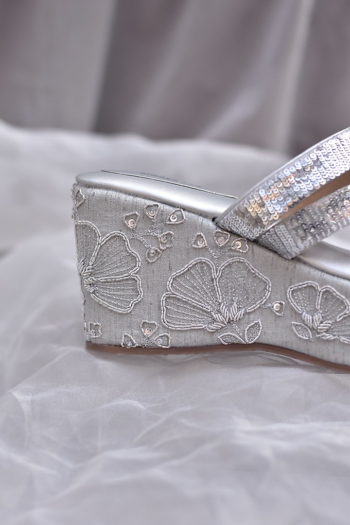 Silver Poly Silk Floral Motifs Embroidered Wedges by Around Always at Pernia's Pop Up Shop