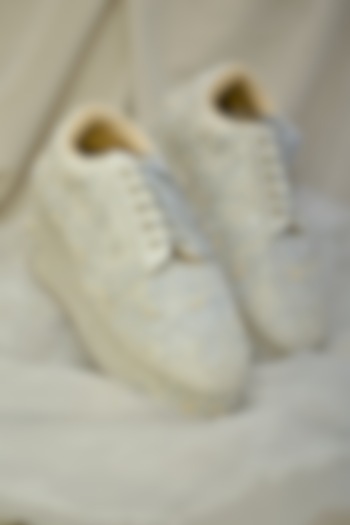 Silver Poly Silk Floral Motifs Embroidered Sneaker Wedges by Around Always at Pernia's Pop Up Shop