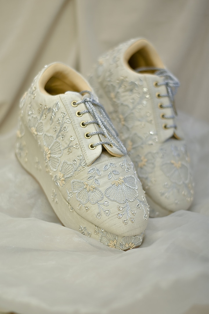 Silver Poly Silk Floral Motifs Embroidered Sneaker Wedges by Around Always at Pernia's Pop Up Shop