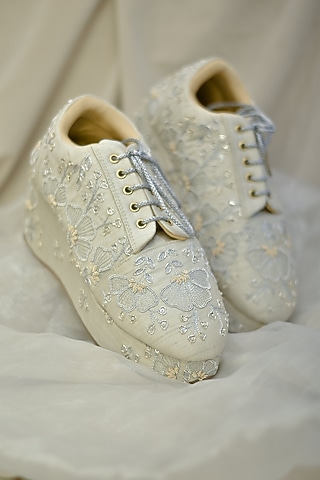 Silver Poly Silk Floral Motifs Embroidered Sneaker Wedges by Around Always