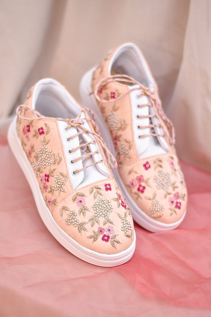 Peach Poly Silk Floral Embroidered Sneaker Wedges by Around Always at Pernia's Pop Up Shop