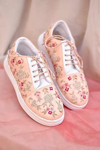 Peach Poly Silk Floral Embroidered Sneaker Wedges by Around Always