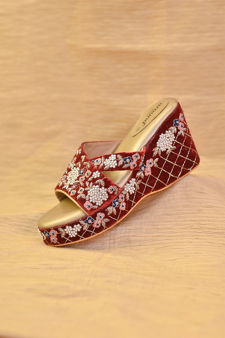 Maroon Poly Silk & Velvet Beads Embroidered Wedges by Around Always at Pernia's Pop Up Shop