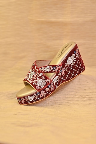 Maroon Poly Silk & Velvet Beads Embroidered Wedges by Around Always
