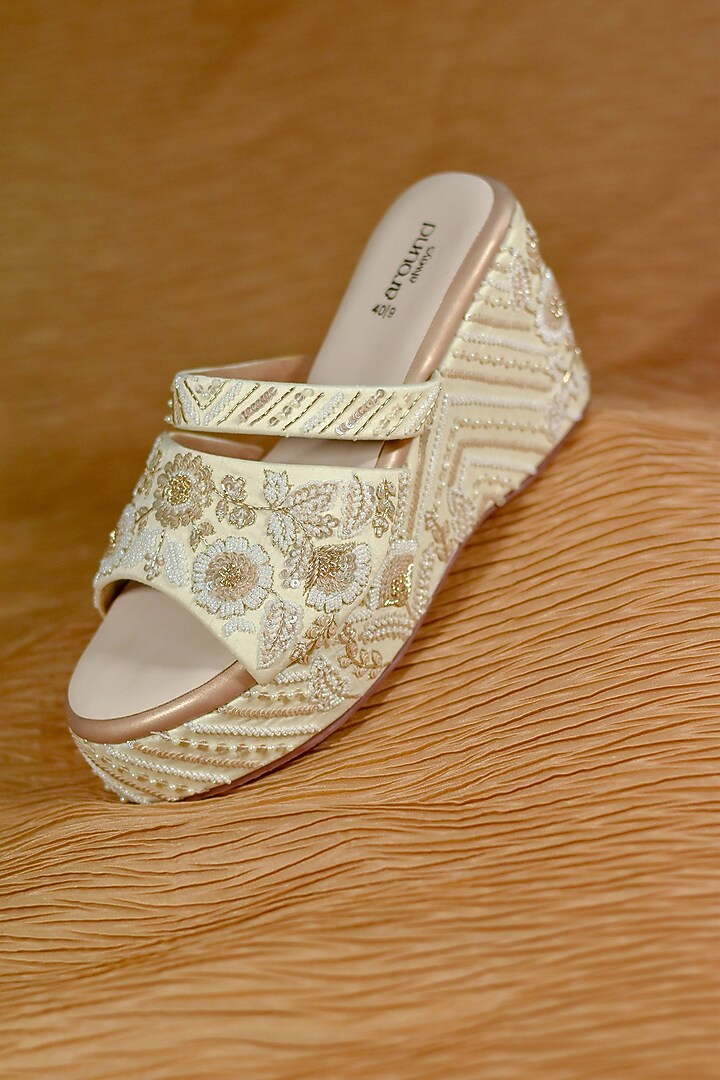 Ivory Poly Silk Sequins Embroidered Peep-Toe Wedges by Around Always at Pernia's Pop Up Shop