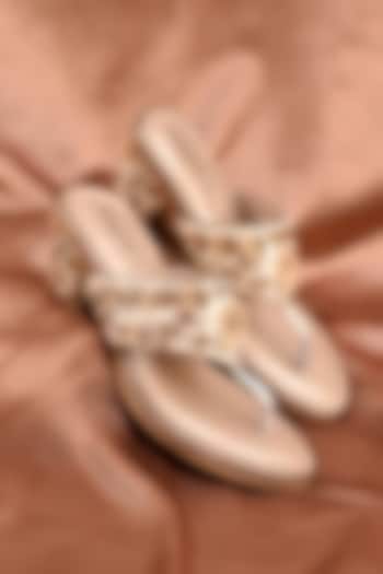 Ivory Poly Silk Zardosi Embroidered Kolhapuri Block Heels by Around Always at Pernia's Pop Up Shop