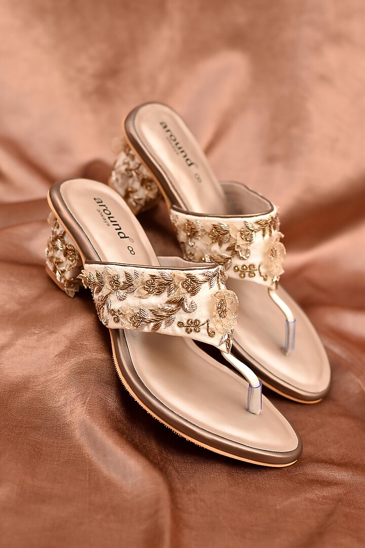 Ivory Poly Silk Zardosi Embroidered Kolhapuri Block Heels by Around Always at Pernia's Pop Up Shop