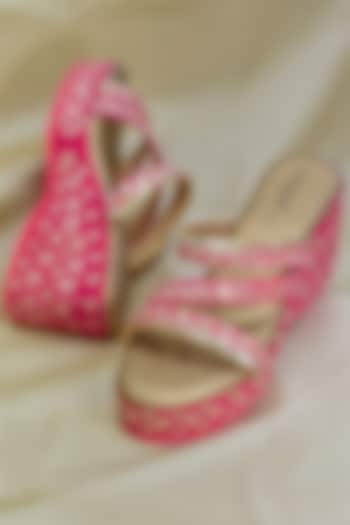 Pink Poly Silk Embroidered Wedges by Around Always