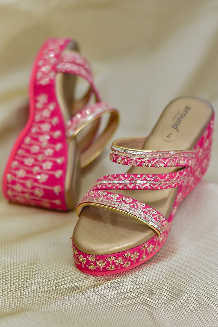 Pink Poly Silk Embroidered Wedges by Around Always