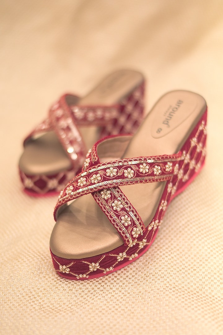 Red & Golden Velvet Embroidered Wedges by Around Always at Pernia's Pop Up Shop