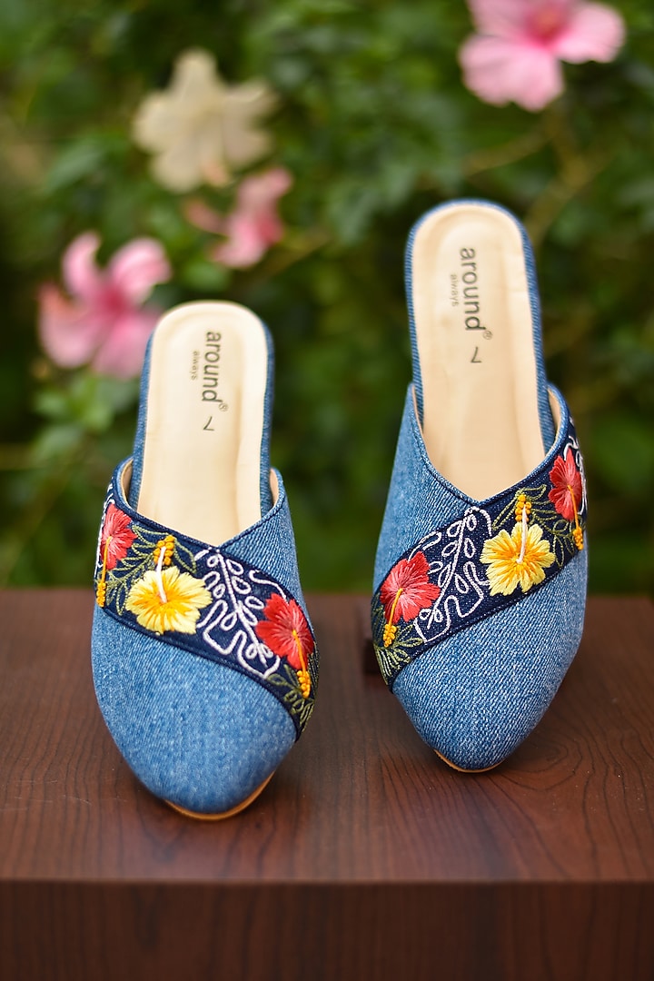 Blue White Denim Slip-On Heels by Around Always at Pernia's Pop Up Shop