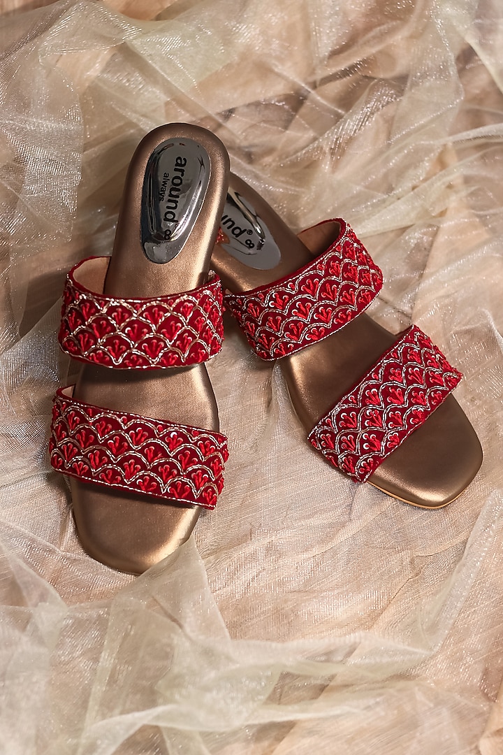 Red Embroidered Flats by Around Always at Pernia's Pop Up Shop