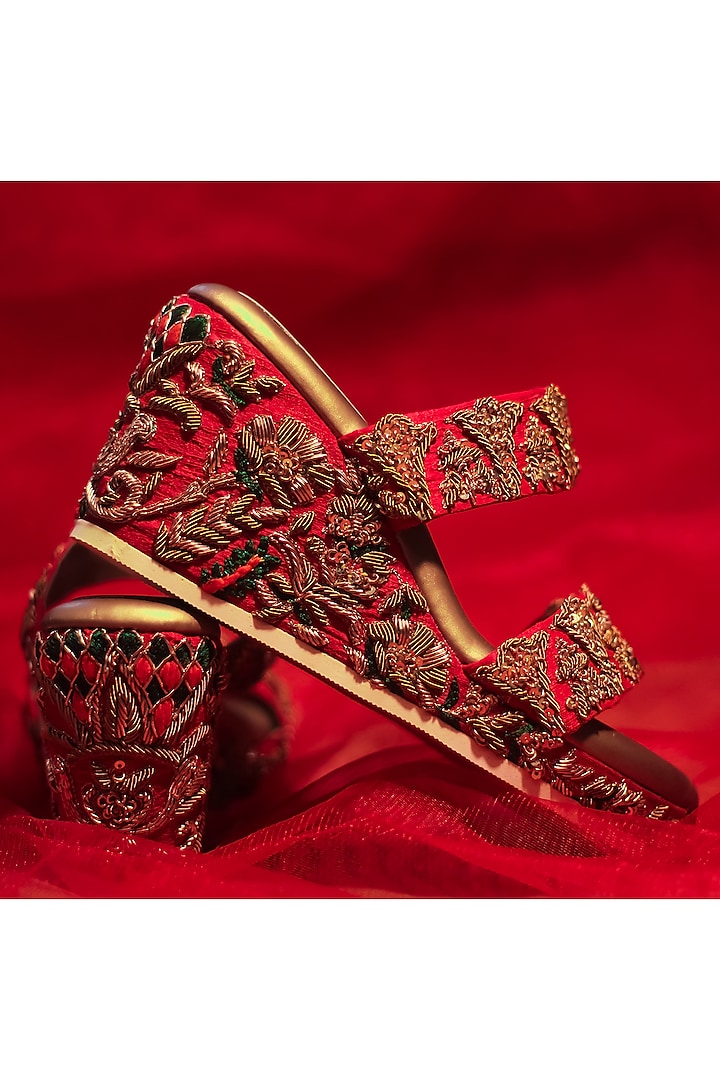 Red Hand Embroidered Wedges by Around Always