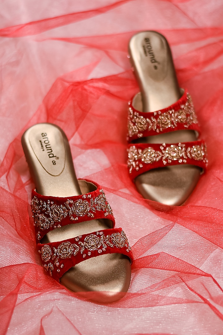 Red Hand Embroidered Flats by Around Always