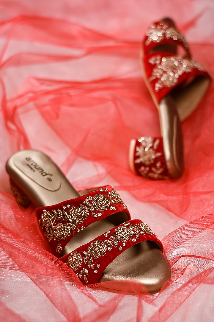 Red Hand Embroidered Flats by Around Always at Pernia's Pop Up Shop