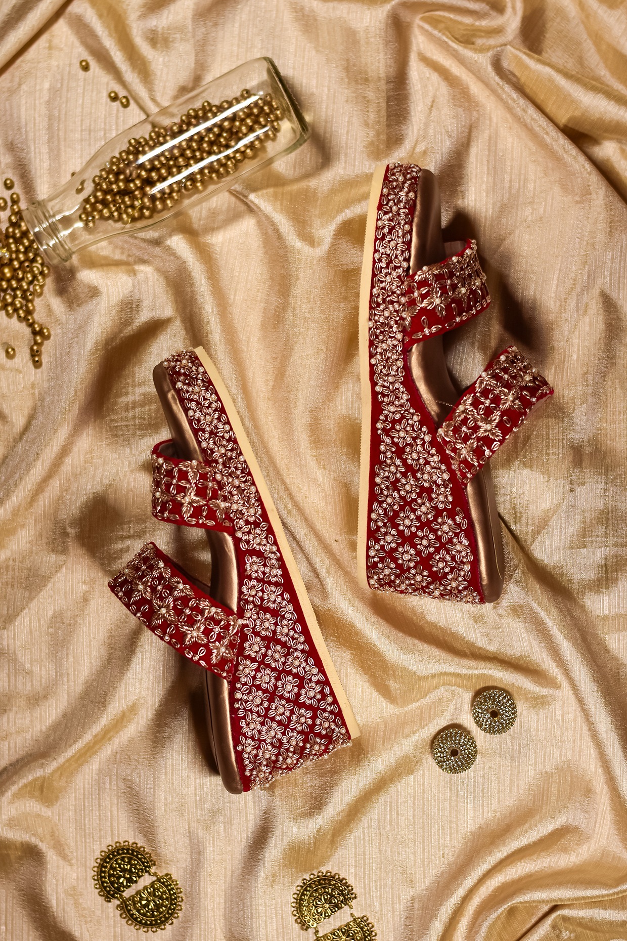 Red Velvet Embroidered Wedges Design by Around Always at Pernia's Pop Up  Shop 2024