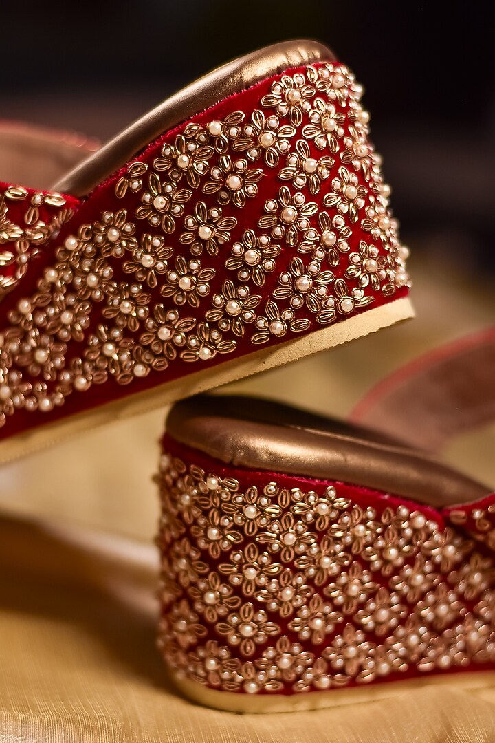 Red Velvet Embroidered Wedges by Around Always at Pernia's Pop Up