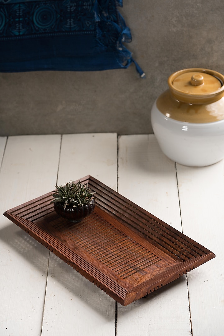 Brown Rectangular Tray With Mesh Design by Araana Home