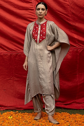 Golden Georgette Kaftan Set by Aradhana & Aparna