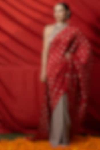 Golden & Red Silk Draped Saree Set by Aradhana & Aparna