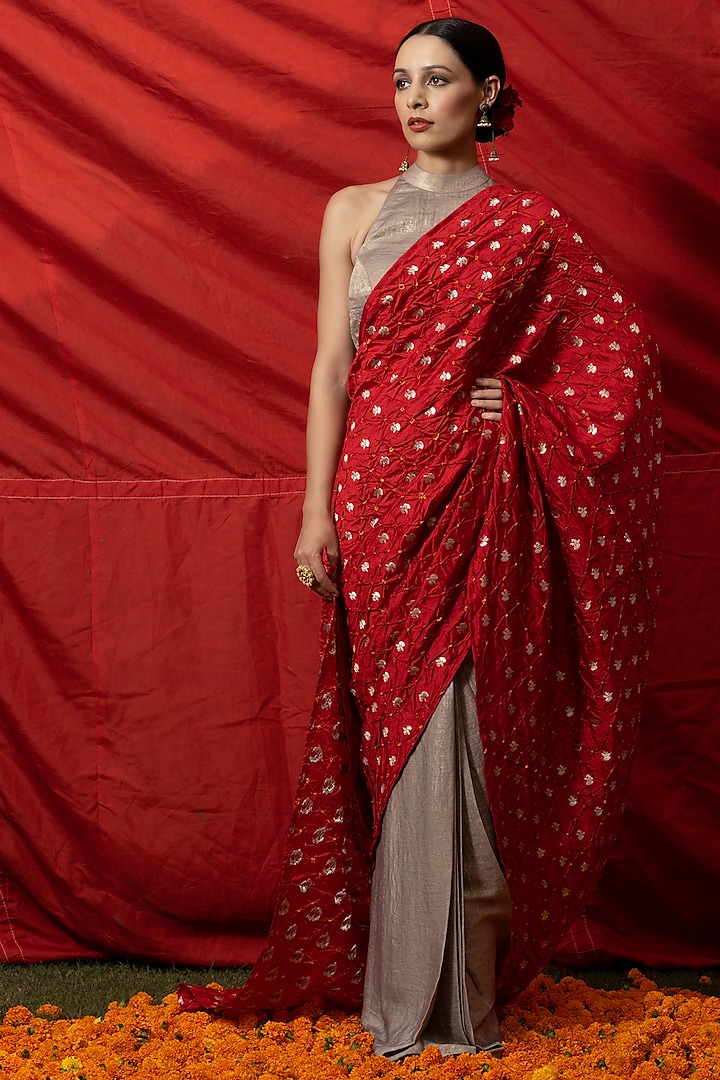 Golden & Red Silk Draped Saree Set by Aradhana & Aparna