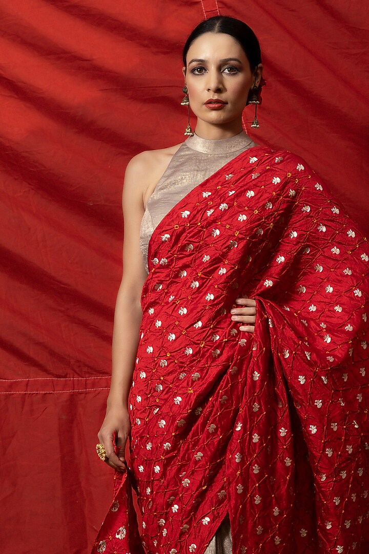 Red & Golden Silk Draped Wedding Saree Set by Aradhana & Aparna at Pernia's Pop Up Shop