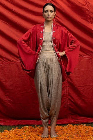 Red Satin Georgette Cowl Cape Set by Aradhana & Aparna