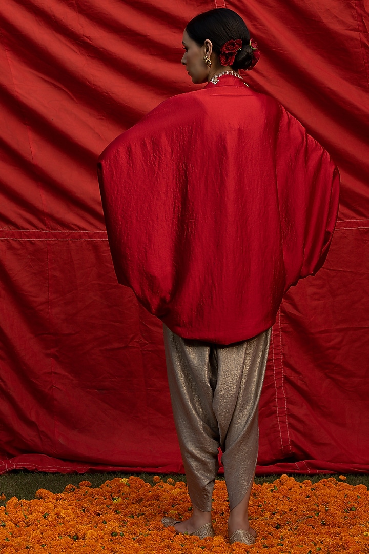 Red Satin Georgette Cowl Cape Set by Aradhana & Aparna at Pernia's Pop Up Shop
