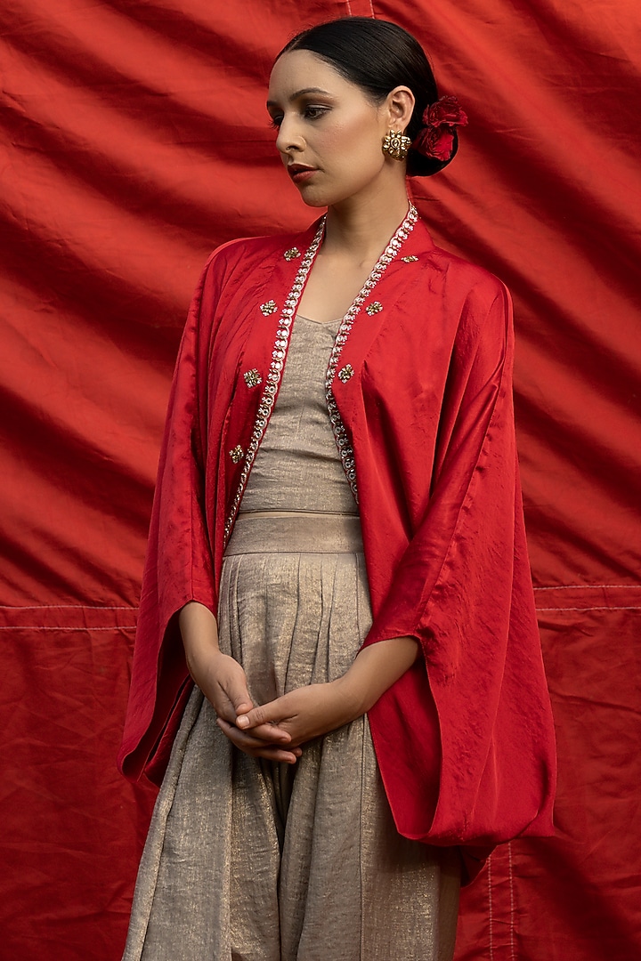 Red Satin Georgette Cowl Cape Set by Aradhana & Aparna at Pernia's Pop Up Shop