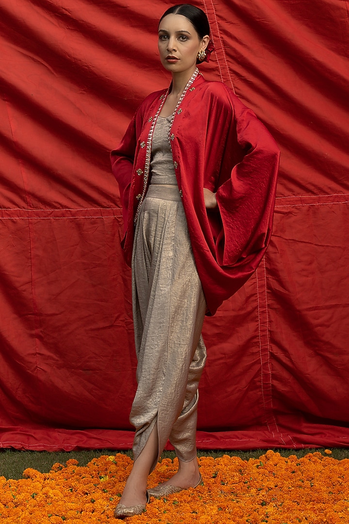 Red Satin Georgette Cowl Cape Set by Aradhana & Aparna at Pernia's Pop Up Shop