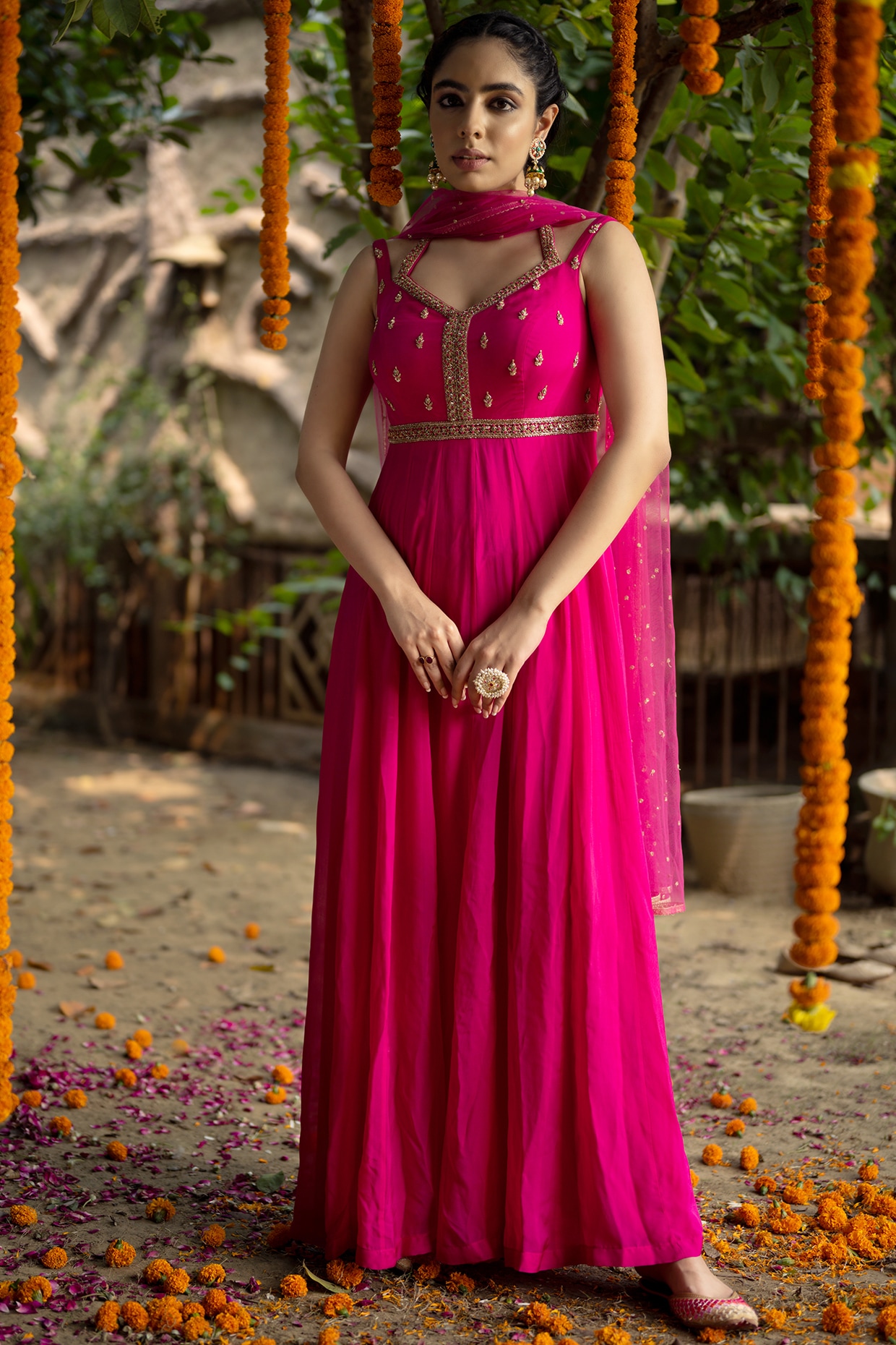 Buy Hatheli Pink Printed Tiered Anarkali Dress With Hand Work Belt (Set of  2) online