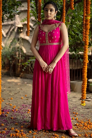 Hot PInk Tissue Georgette Hand Embroidered Anarkali Set by Aradhana & Aparna