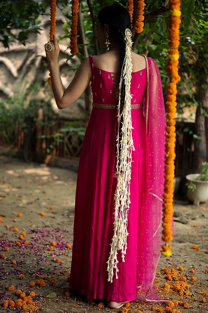 Hot PInk Tissue Georgette Hand Embroidered Wedding Anarkali Set by Aradhana & Aparna at Pernia's Pop Up Shop