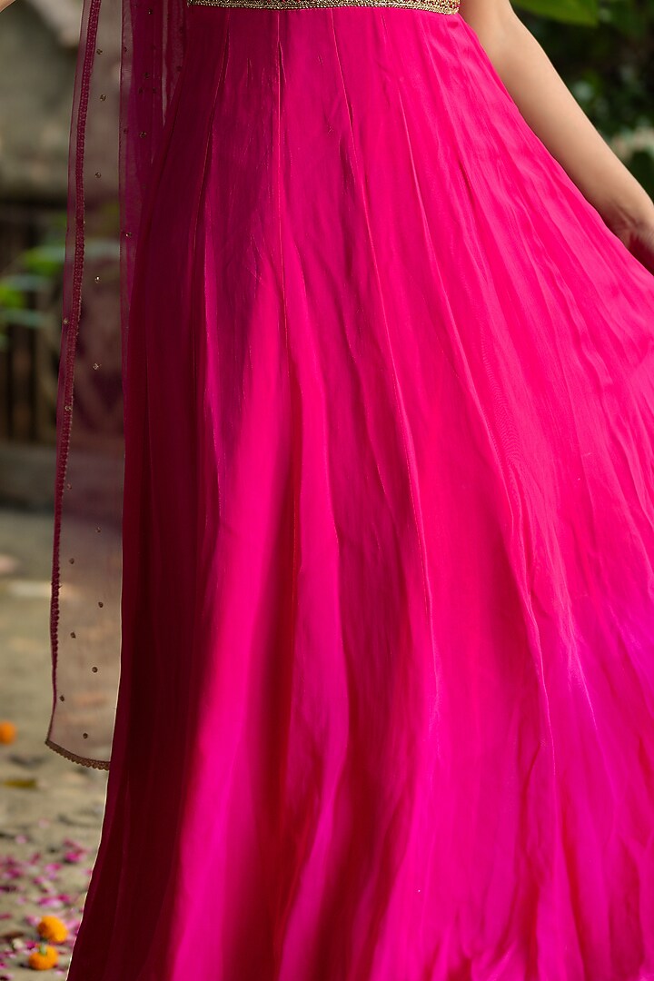 Hot PInk Tissue Georgette Hand Embroidered Wedding Anarkali Set by Aradhana & Aparna at Pernia's Pop Up Shop