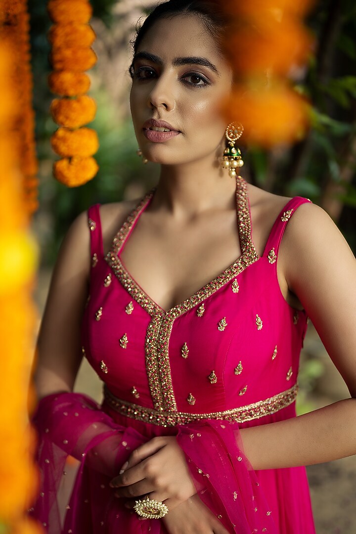 Hot PInk Tissue Georgette Hand Embroidered Wedding Anarkali Set by Aradhana & Aparna at Pernia's Pop Up Shop