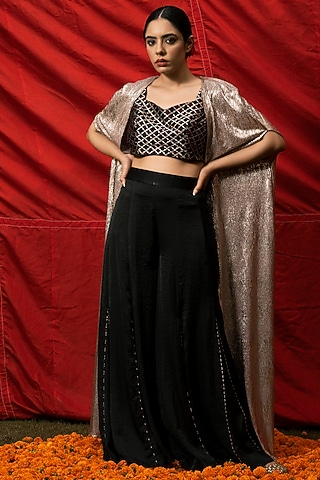Black Georgette Satin Sharara Set by Aradhana & Aparna
