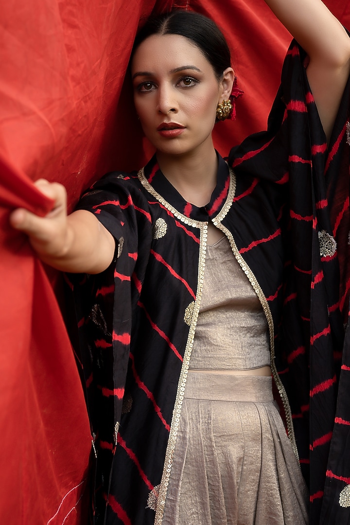 Black Pure Silk Leheriya Printed Kaftan Cape Set by Aradhana & Aparna at Pernia's Pop Up Shop
