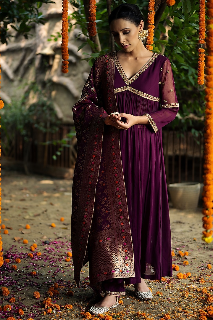 Purple Georgette Hand Embellished Anarkali Set by Aradhana & Aparna