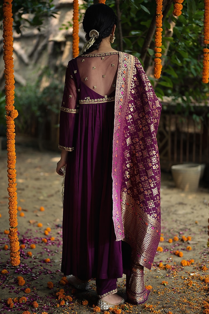 Purple Georgette Hand Embellished Wedding Anarkali Set by Aradhana & Aparna at Pernia's Pop Up Shop