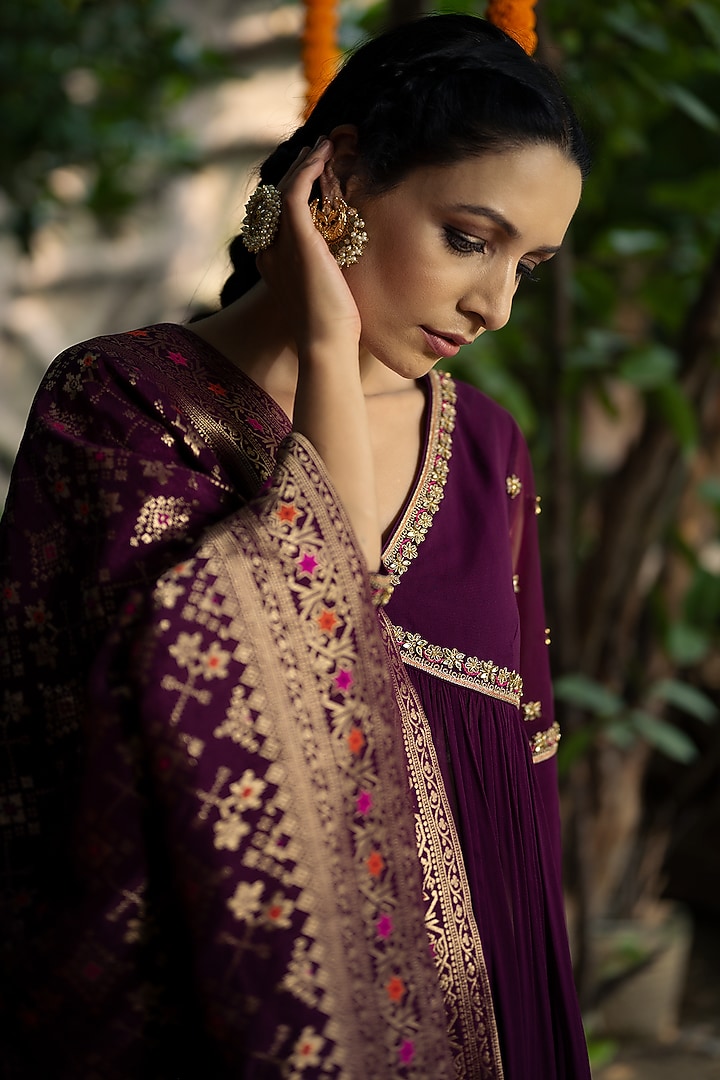 Purple Georgette Hand Embellished Wedding Anarkali Set by Aradhana & Aparna at Pernia's Pop Up Shop