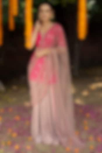 Golden & Pink Georgette Embellished Lehenga Saree Set by Aradhana & Aparna