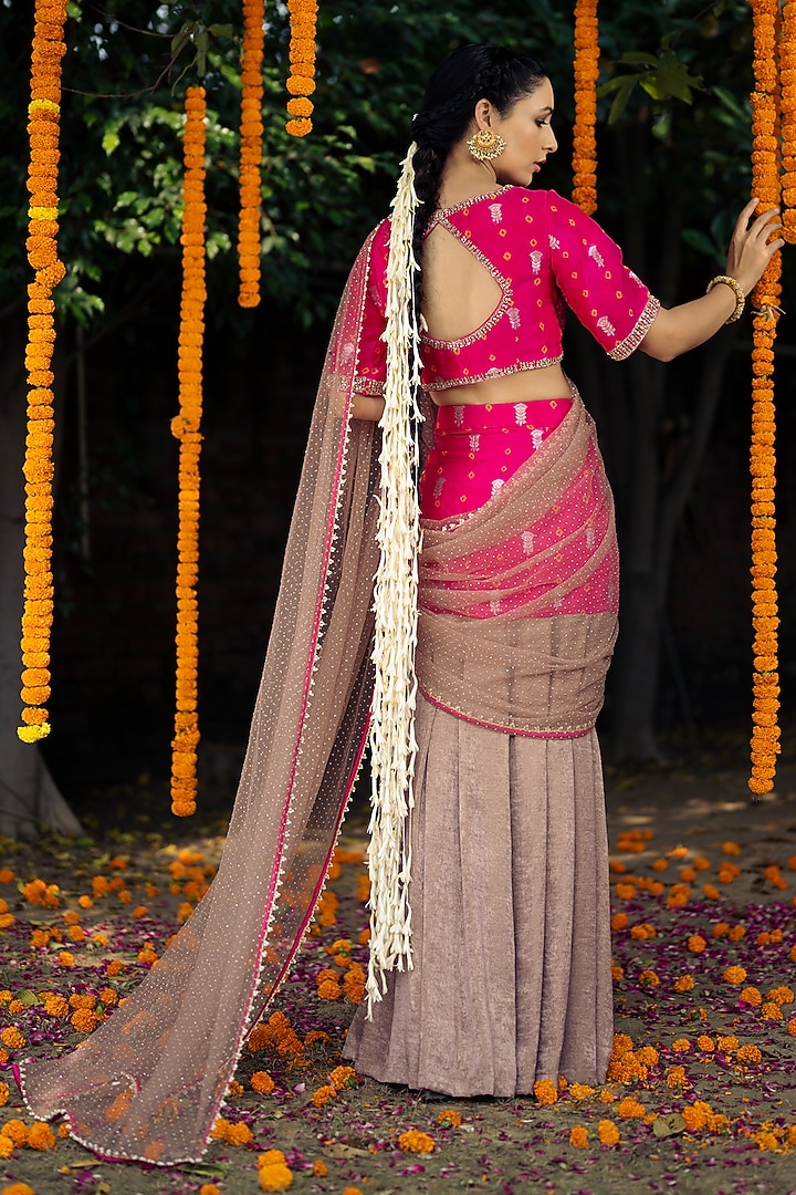Golden & Pink Georgette Embellished Wedding Lehenga Saree Set by Aradhana & Aparna at Pernia's Pop Up Shop