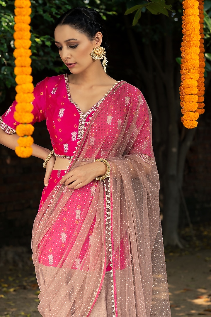 Golden & Pink Georgette Embellished Wedding Lehenga Saree Set by Aradhana & Aparna at Pernia's Pop Up Shop
