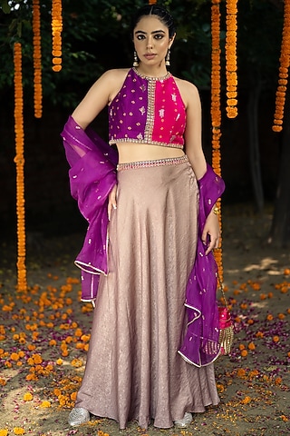 Rose Gold Georgette Embellished Lehenga Set by Aradhana & Aparna