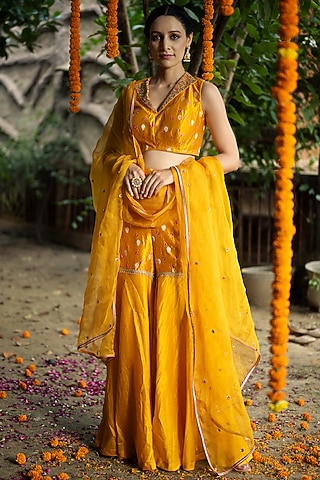 Mustard Silk & Chanderi Gharara Set by Aradhana & Aparna