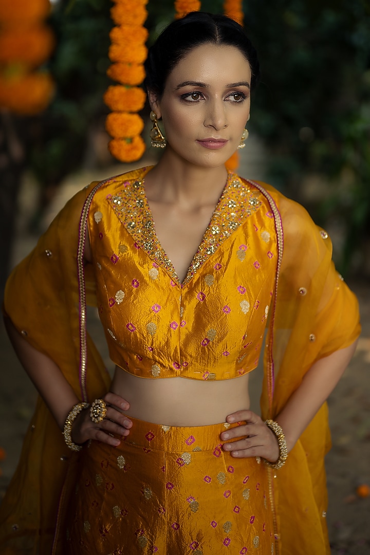 Mustard Silk & Chanderi Gharara Set by Aradhana & Aparna at Pernia's Pop Up Shop